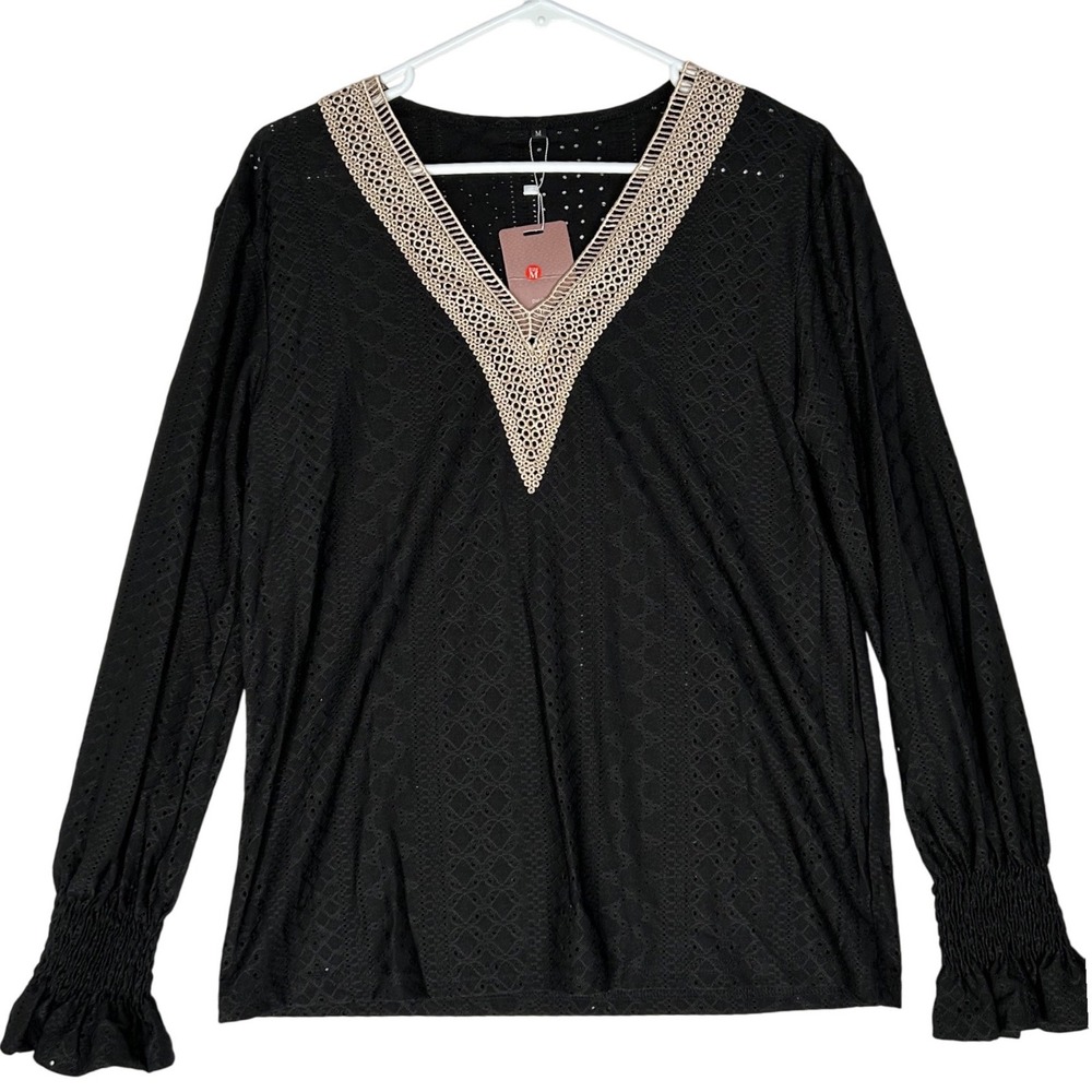 Yesfashion Kohl's Stretchy Black Eyelet‎ Fabric Lacey Collar Blouse Womens M NWT